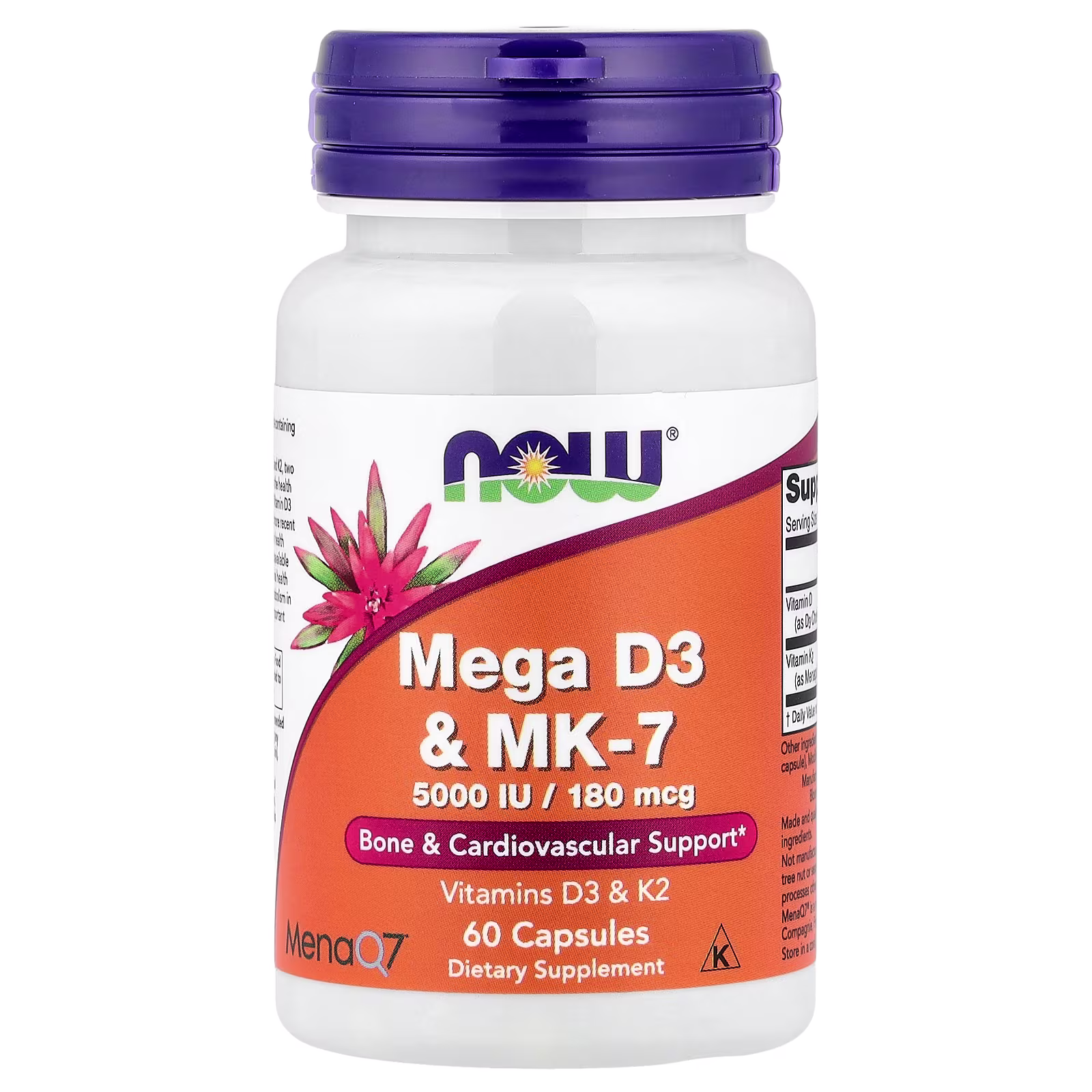Mega vitamina D3 y MK-7, 60 cápsulas, NOW Foods