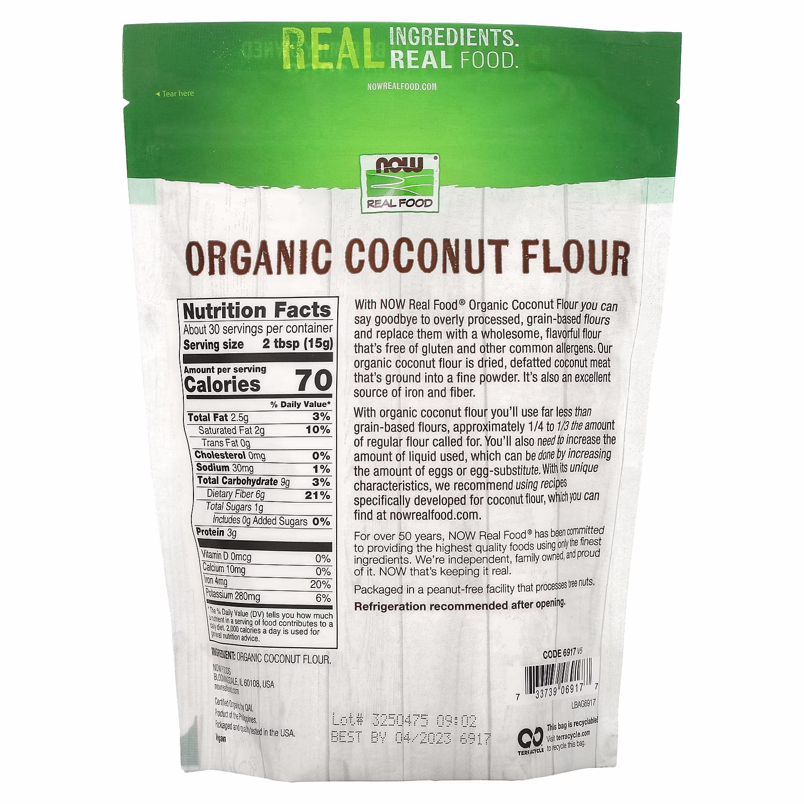 Harina de coco orgánico, 454 g (16 oz), NOW Foods