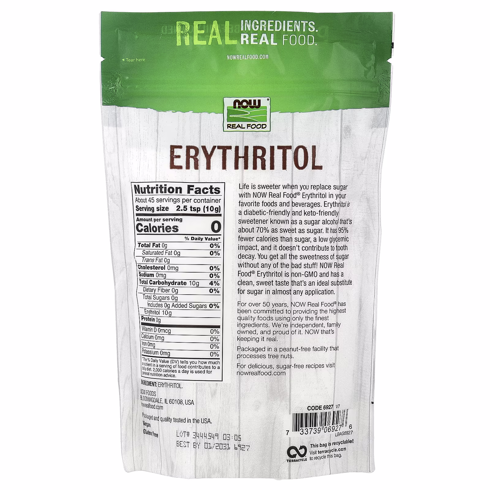 Real Food, Eritritol, 454 g (1 lb), NOW Foods