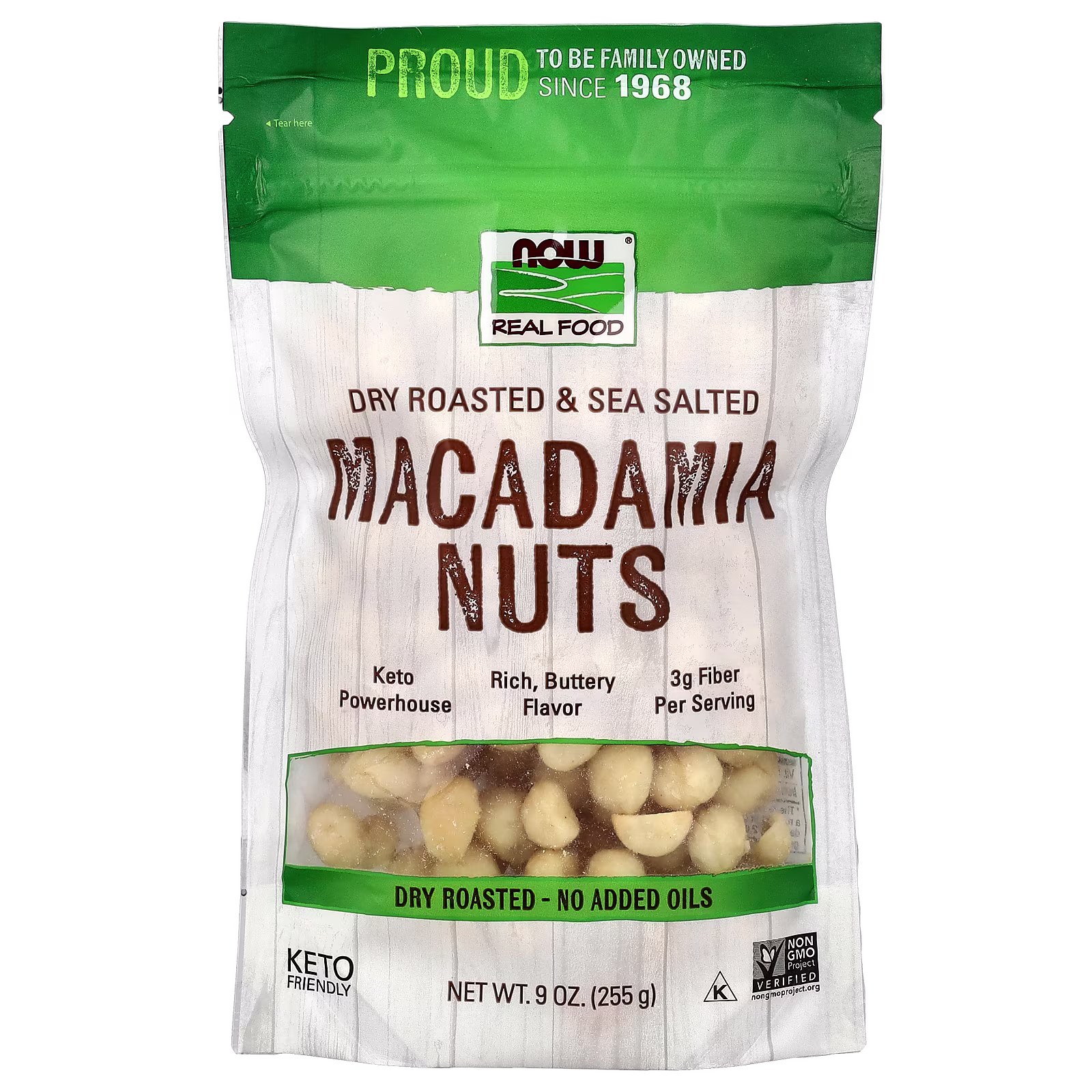 Real Food, Nueces de macadamia, Tostadas en seco con sal marina, 255 g (9 oz), NOW Foods