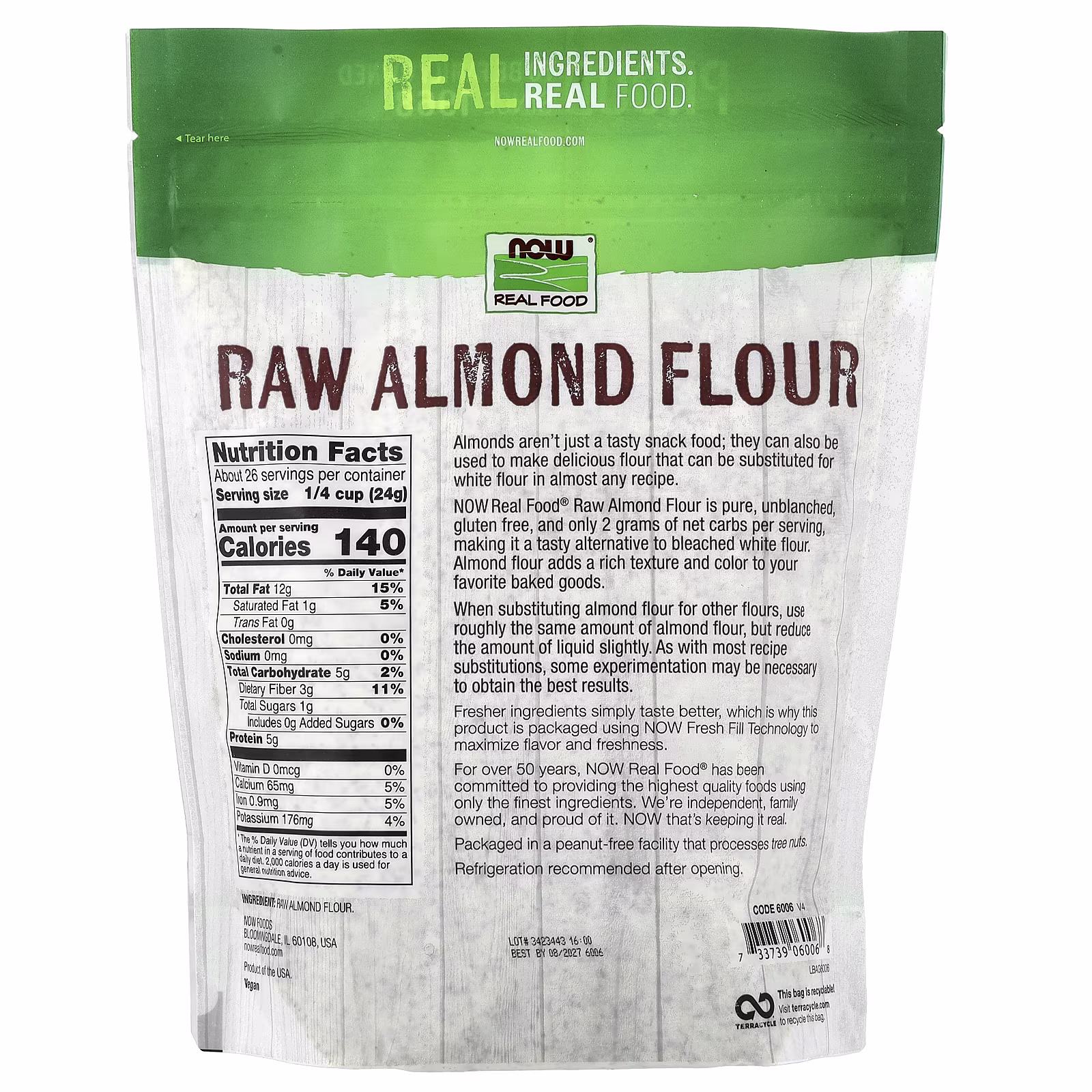 Real Food, Harina de almendras crudas, 624 g (22 oz), NOW Foods