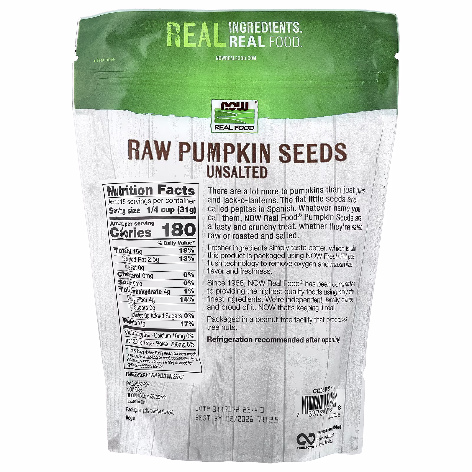 Real Food, Pepitas de Calabaza Crudas, Sin Sal, 16 oz (454 g), NOW Foods