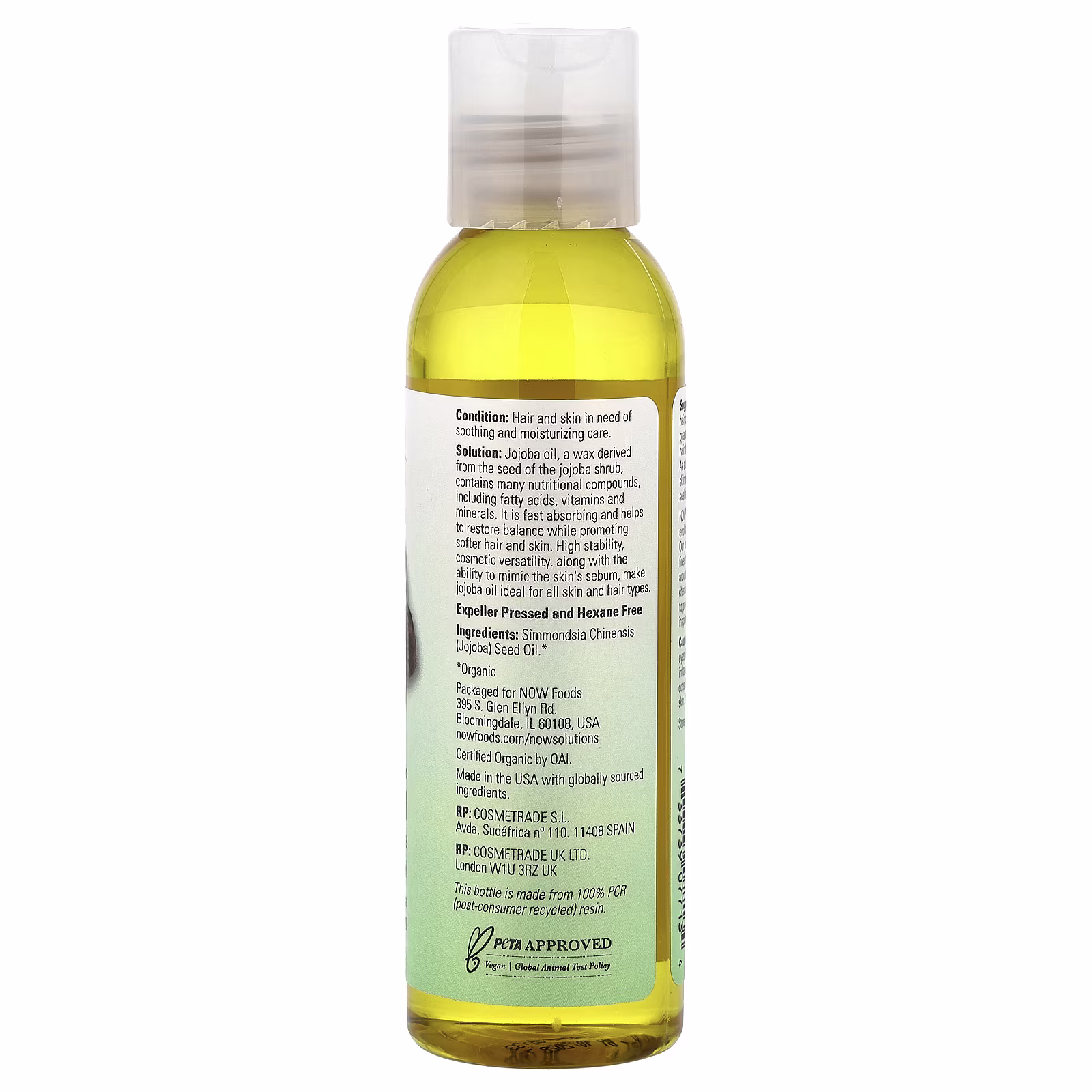 Solutions, Aceite de jojoba orgánico certificado, 118 ml (4 oz. líq.), NOW Foods