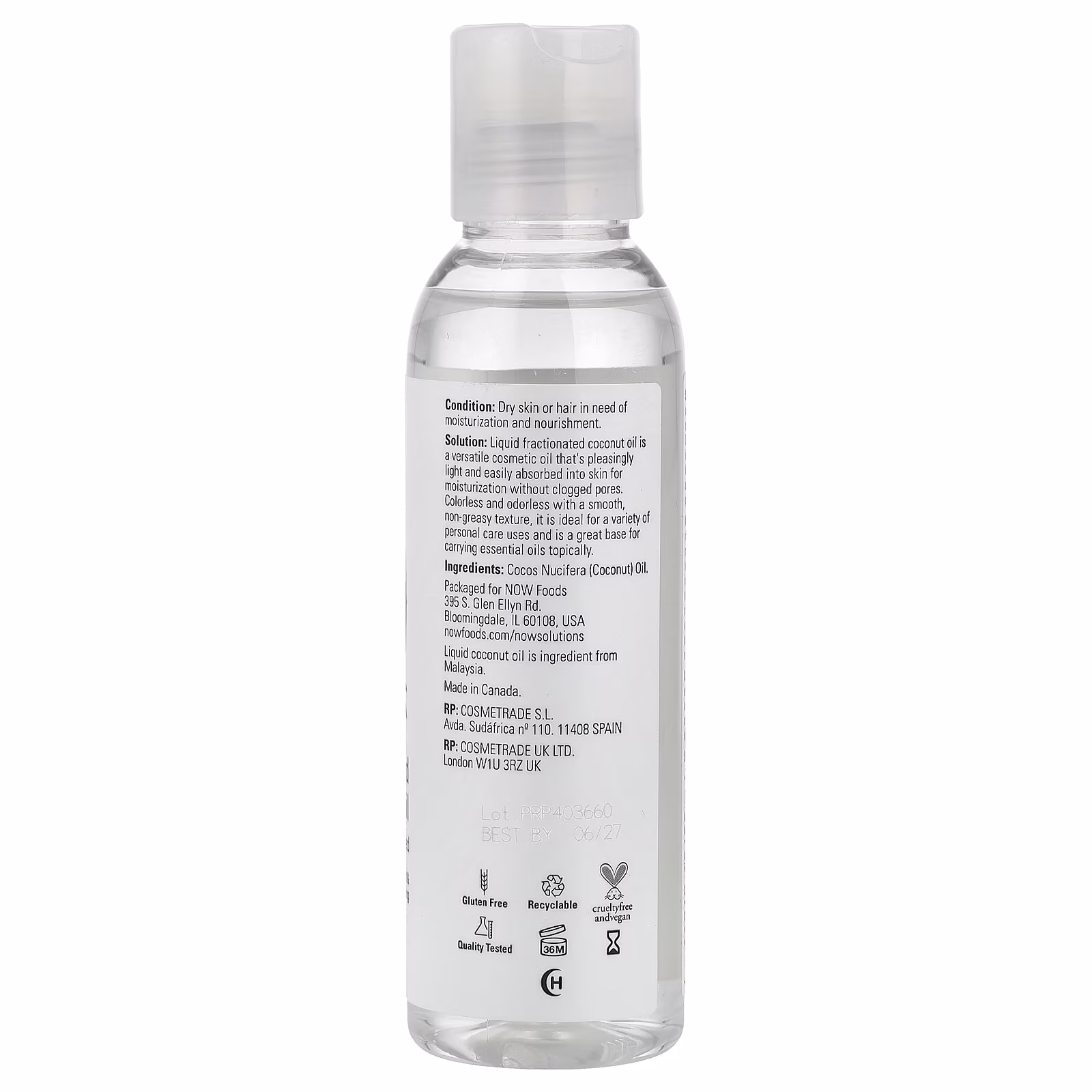 Solutions, Aceite de coco líquido fraccionado puro, 118 ml (4 oz. líq.), NOW Foods