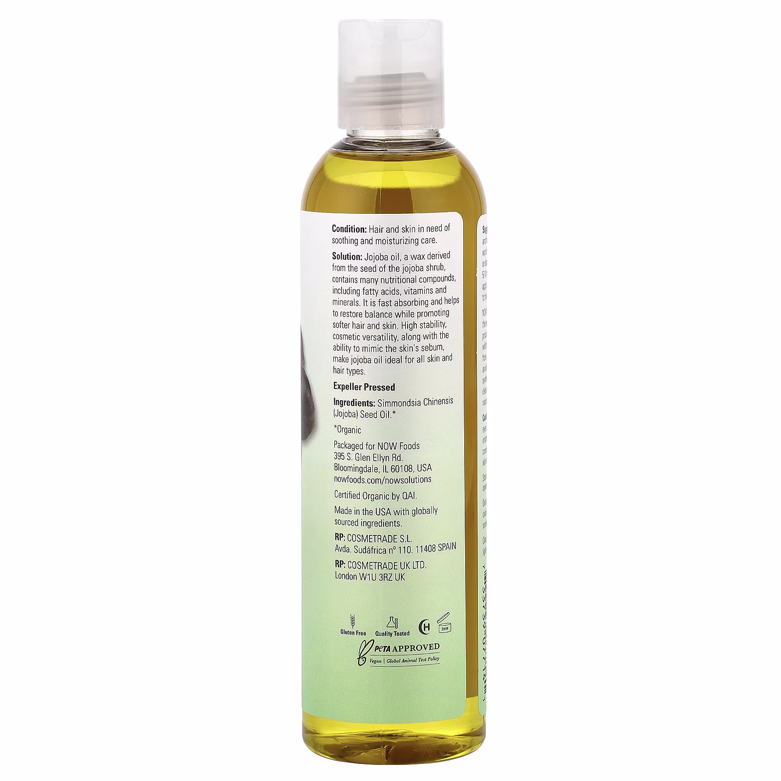 Solutions, Aceite de jojoba orgánico certificado, 237 ml (8 oz. líq.), NOW Foods