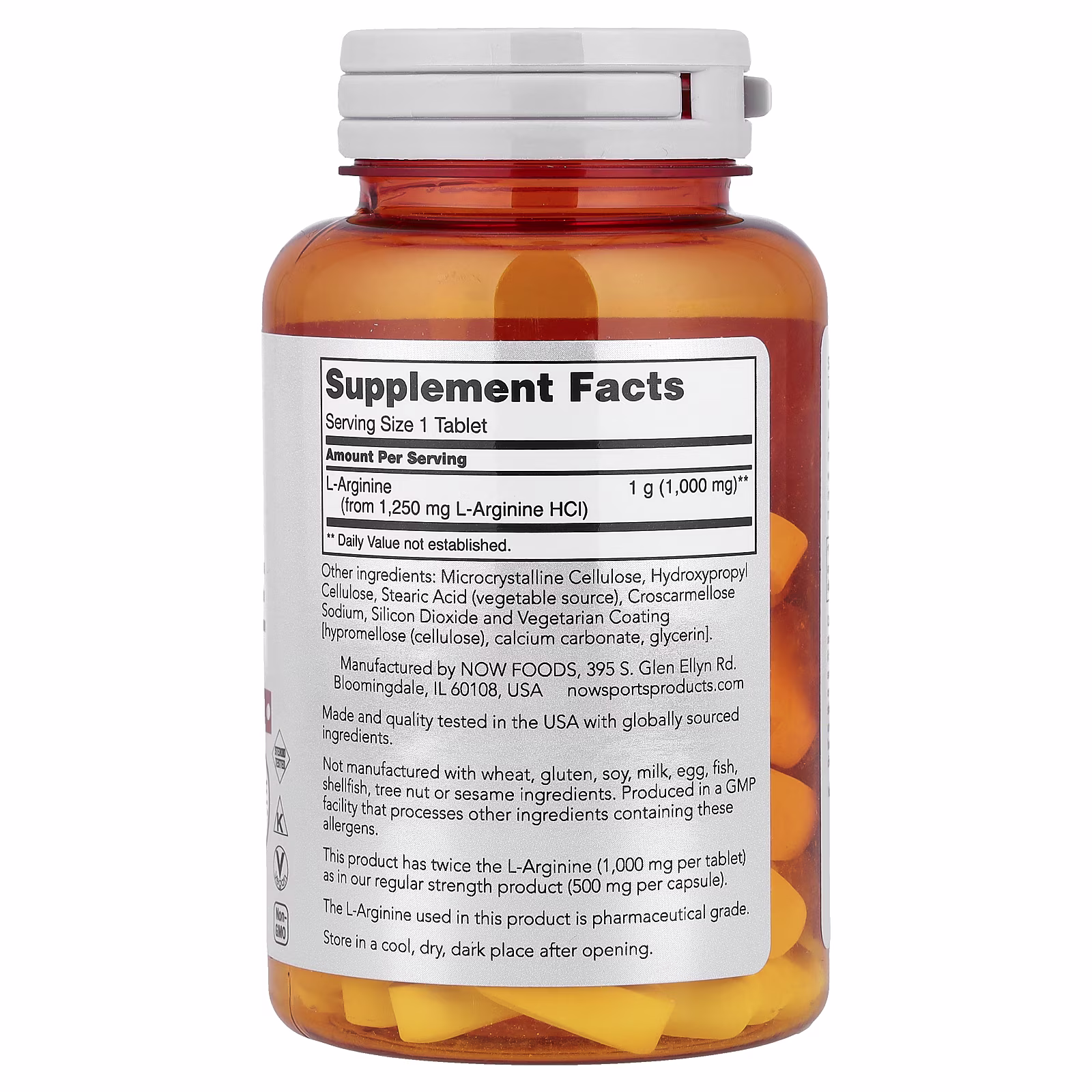 L-arginina, 1000 mg, 60 tabletas, NOW Foods