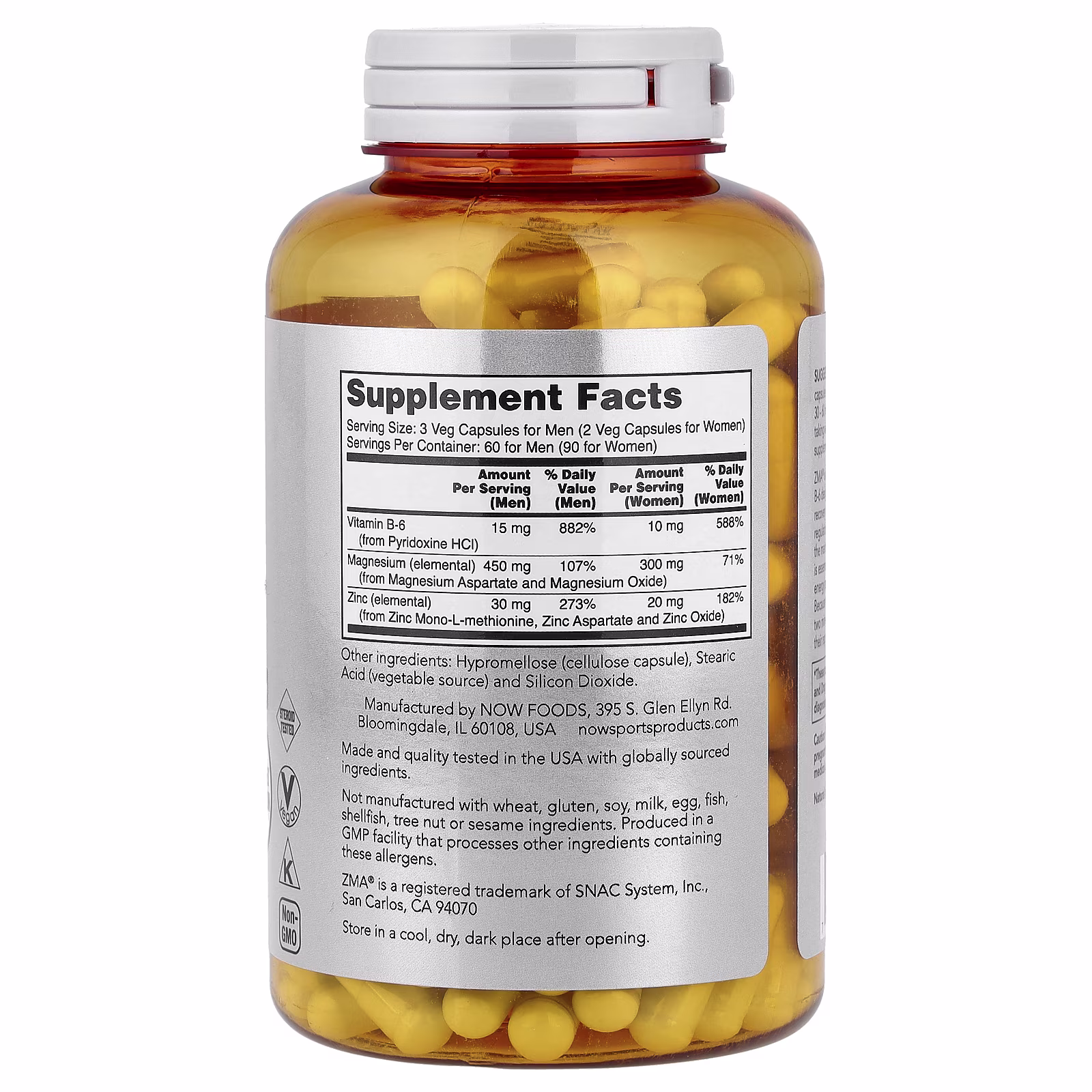 Sports, ZMA®, Suplemento de zinc, magnesio y vitamina B6, 180 cápsulas vegetales, NOW Foods