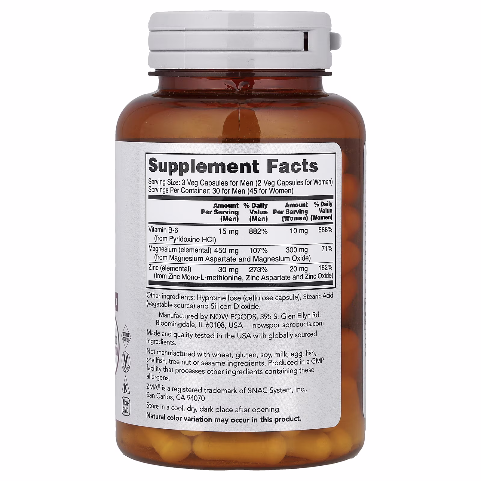 Sports, ZMA®, Suplemento de zinc, magnesio y vitamina B6, 90 cápsulas vegetales, NOW Foods