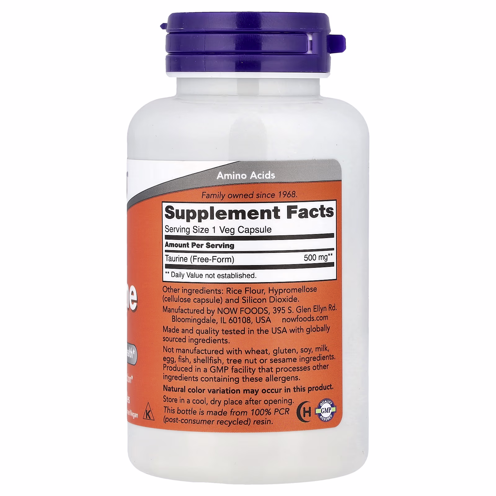 Taurina, 500 mg, 100 cápsulas vegetales, NOW Foods