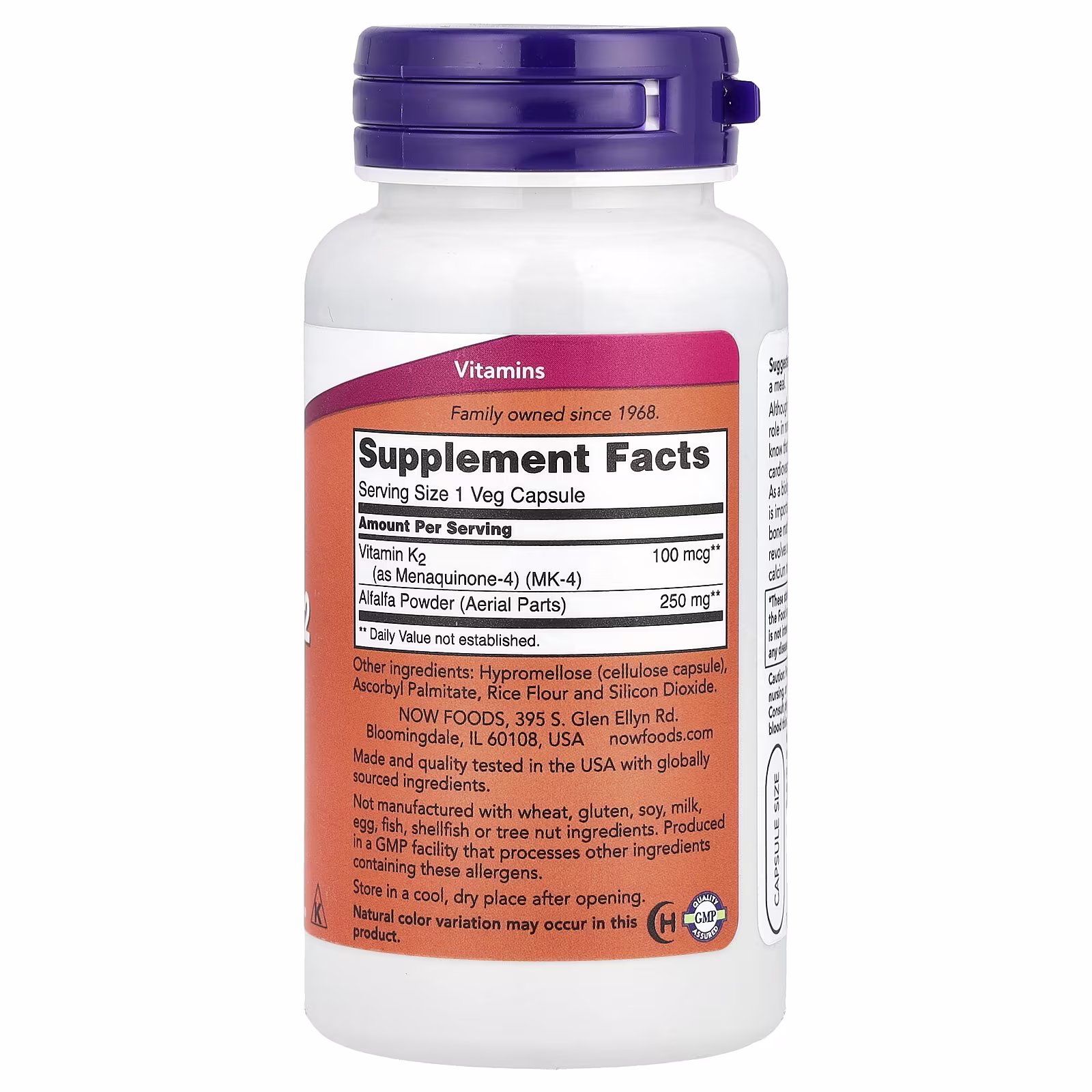 Vitamina K2, 100 mcg, 100 cápsulas vegetales, NOW Foods
