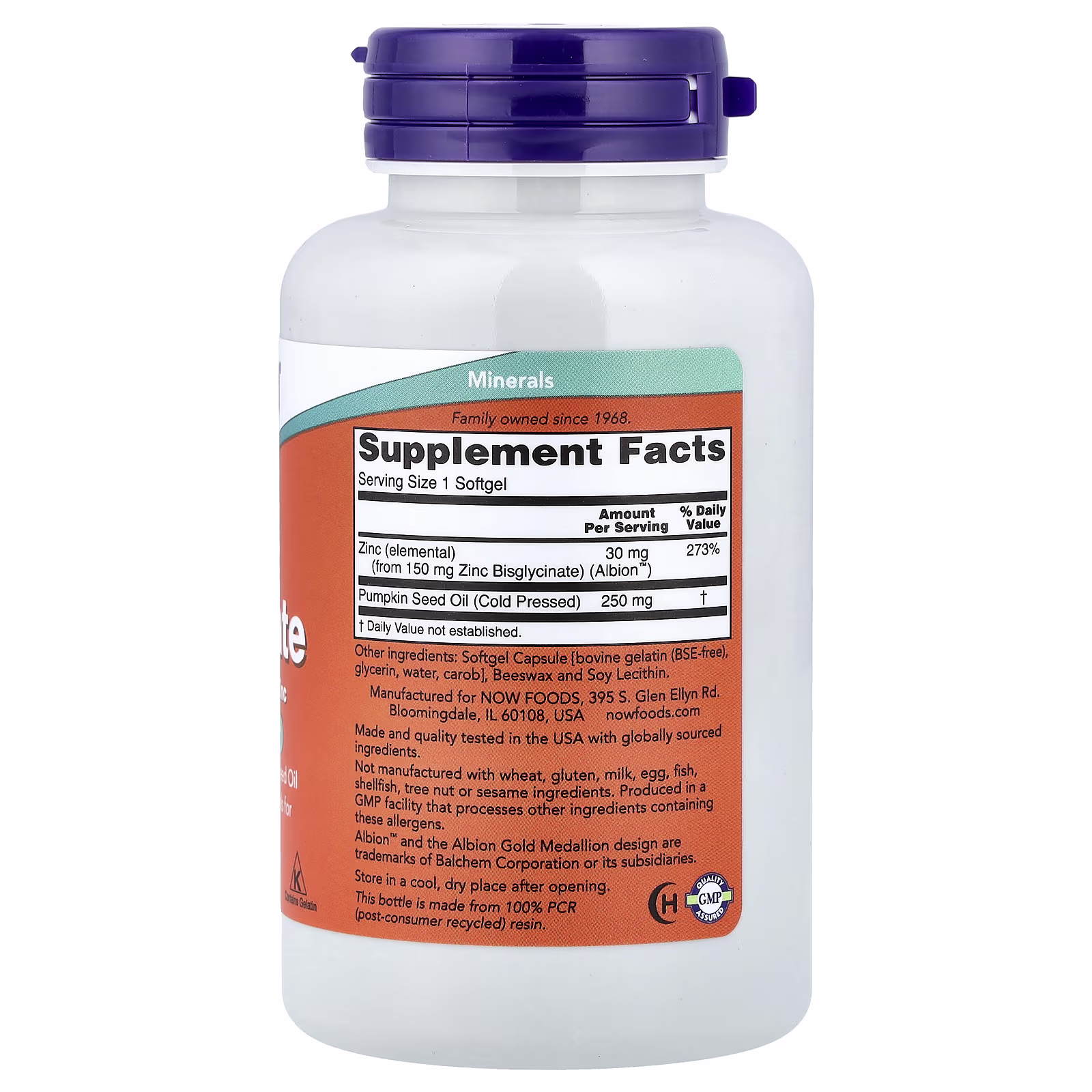 Glicinato de zinc, 120 cápsulas blandas, NOW Foods